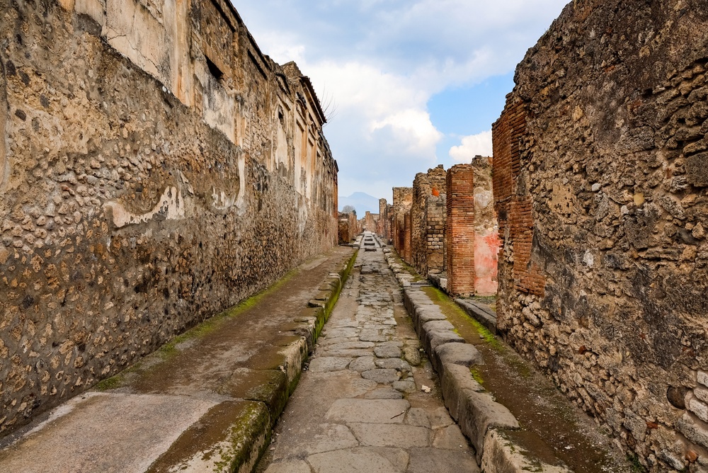 Garden peristyle of a wealthy Roman house in Pompeii with columns and impluvium