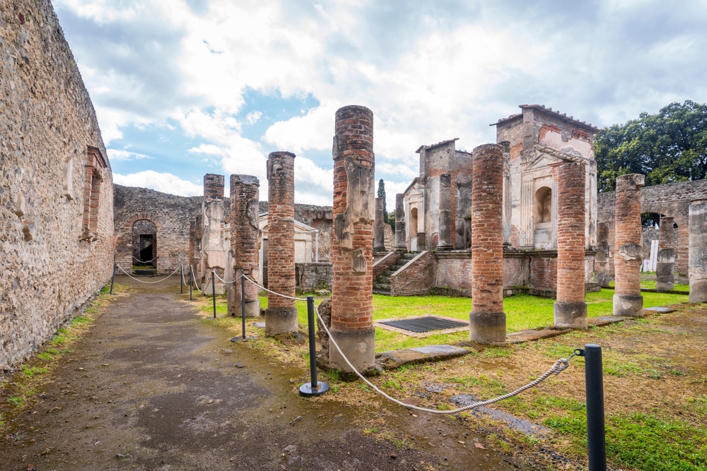 Interior of a well-preserved Roman house in Pompeii showing the atrium and original architecture